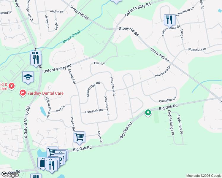 map of restaurants, bars, coffee shops, grocery stores, and more near 1428 Scarlet Oak Road in Yardley