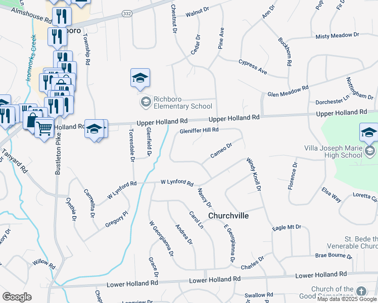 map of restaurants, bars, coffee shops, grocery stores, and more near 15 Cobblestone Court in Richboro