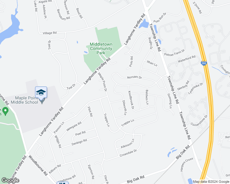 map of restaurants, bars, coffee shops, grocery stores, and more near 282 Dilworth Lane in Langhorne