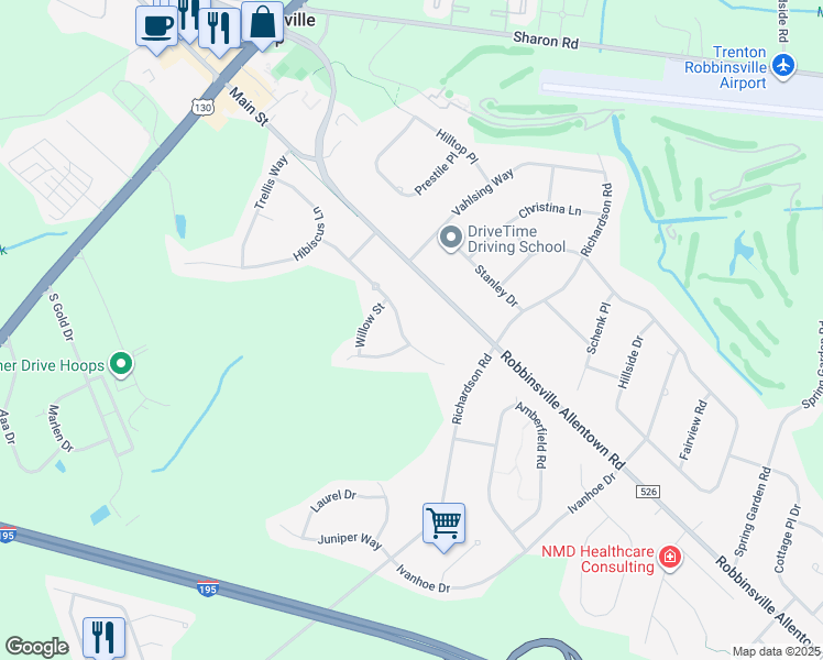 map of restaurants, bars, coffee shops, grocery stores, and more near 206 Honeysuckle Drive in Robbinsville Township
