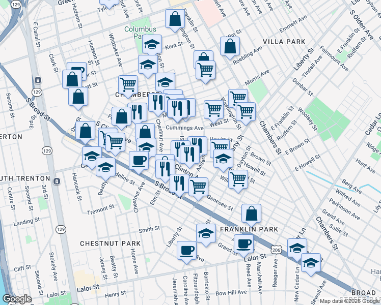 map of restaurants, bars, coffee shops, grocery stores, and more near 724 Division Street in Trenton