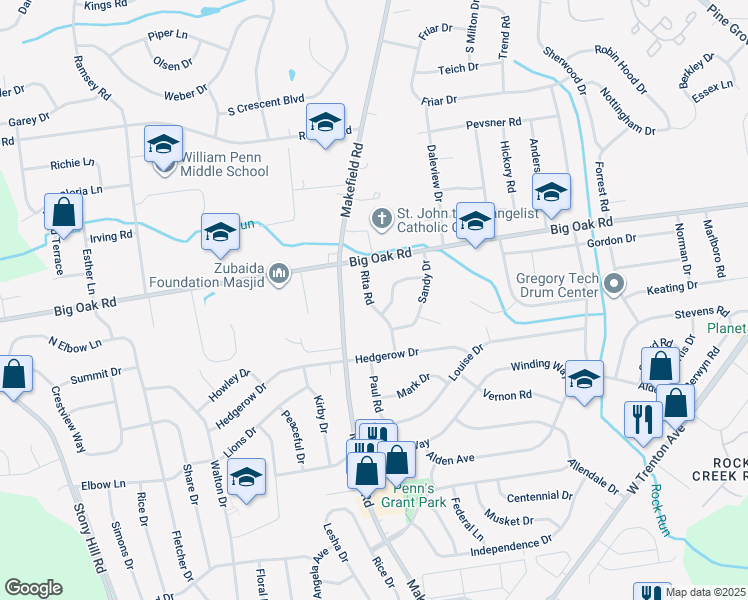 map of restaurants, bars, coffee shops, grocery stores, and more near 9 Rita Road in Yardley