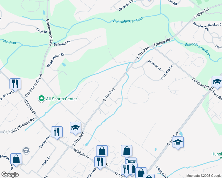 map of restaurants, bars, coffee shops, grocery stores, and more near 227 East 7th Avenue in Collegeville