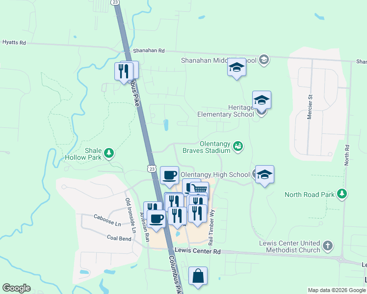 map of restaurants, bars, coffee shops, grocery stores, and more near 240 Orangewick Drive North in Lewis Center
