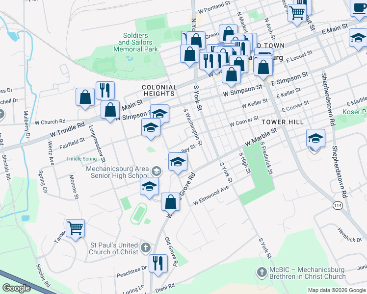 map of restaurants, bars, coffee shops, grocery stores, and more near 416 Valley St in Mechanicsburg