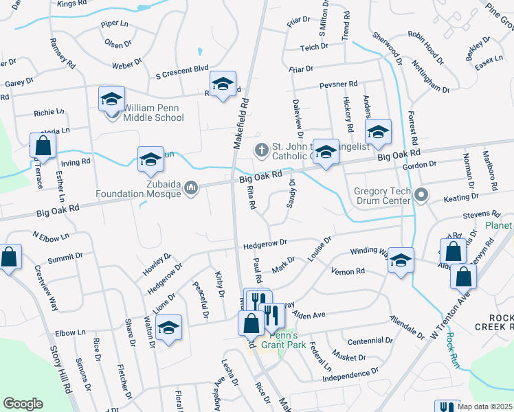 map of restaurants, bars, coffee shops, grocery stores, and more near 9 Rita Road in Yardley