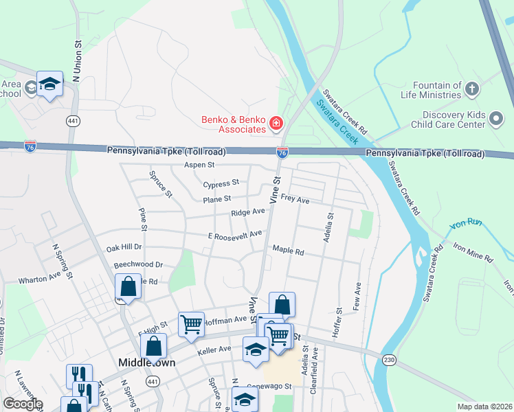 map of restaurants, bars, coffee shops, grocery stores, and more near 1001 Vine Street in Middletown
