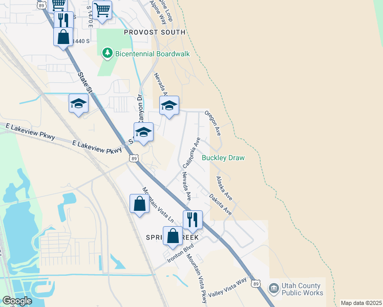 map of restaurants, bars, coffee shops, grocery stores, and more near 1935 California Avenue in Provo