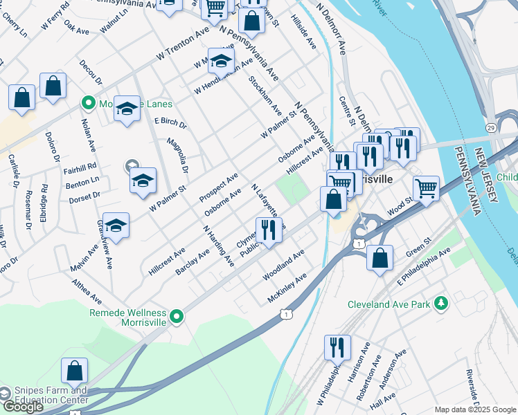 map of restaurants, bars, coffee shops, grocery stores, and more near 314 Barclay Avenue in Morrisville