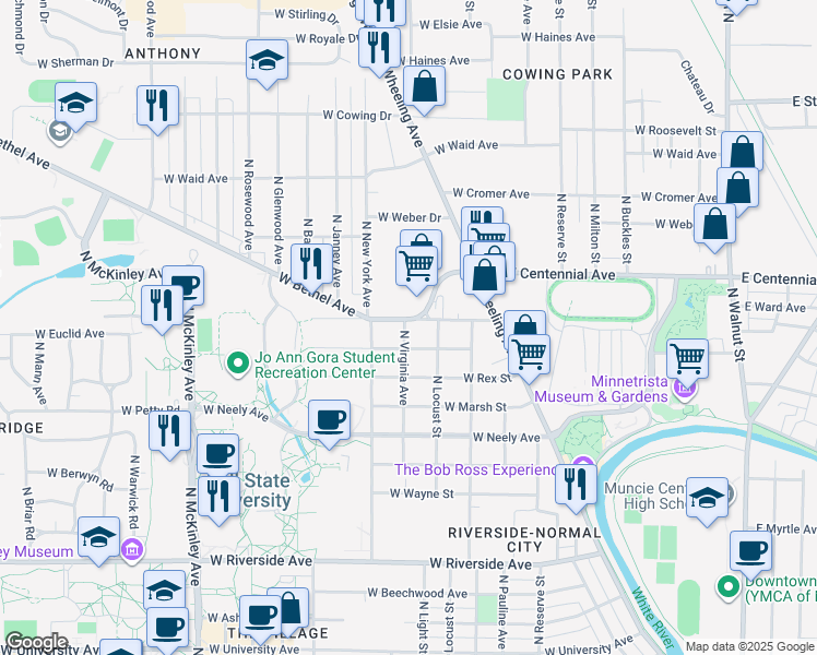 map of restaurants, bars, coffee shops, grocery stores, and more near 1119 West Bethel Avenue in Muncie