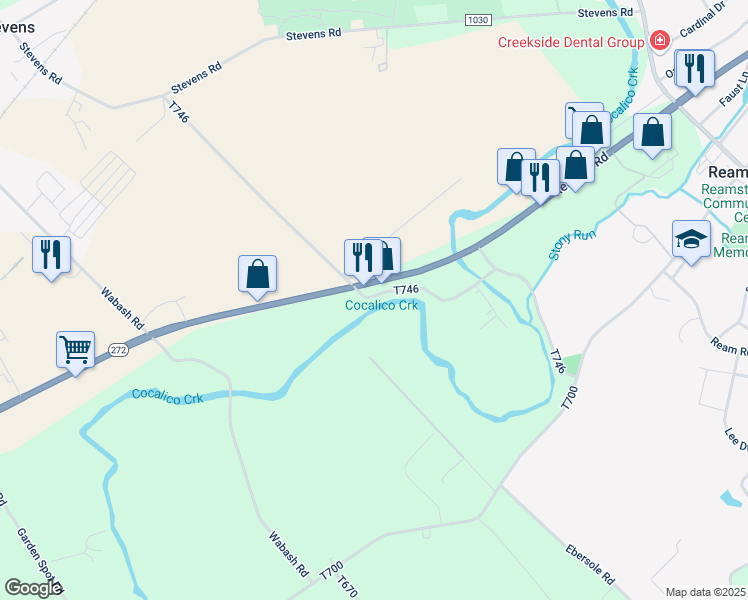 map of restaurants, bars, coffee shops, grocery stores, and more near 176 Cocalico Creek Road in Ephrata