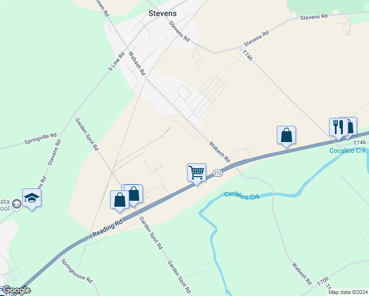 map of restaurants, bars, coffee shops, grocery stores, and more near 400 Wabash Road in Ephrata