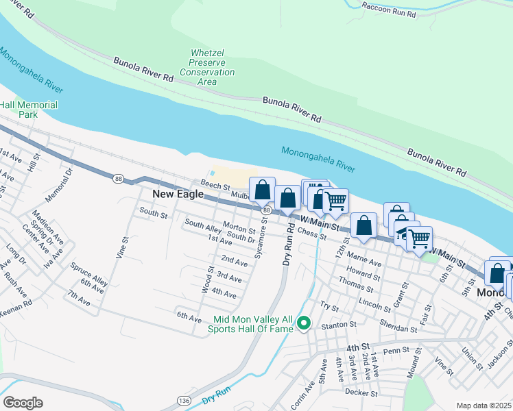 map of restaurants, bars, coffee shops, grocery stores, and more near 129 West Main Street in New Eagle