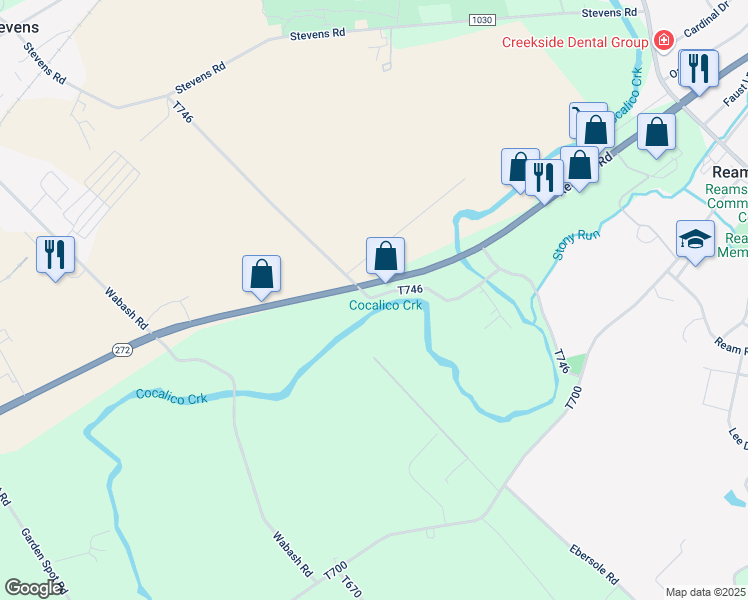 map of restaurants, bars, coffee shops, grocery stores, and more near 176 Cocalico Creek Road in Ephrata