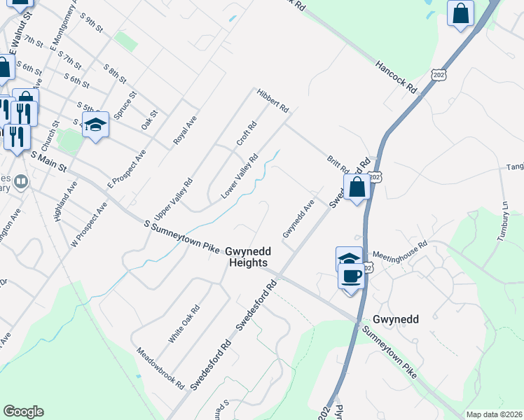 map of restaurants, bars, coffee shops, grocery stores, and more near 124 Barberry Road in North Wales