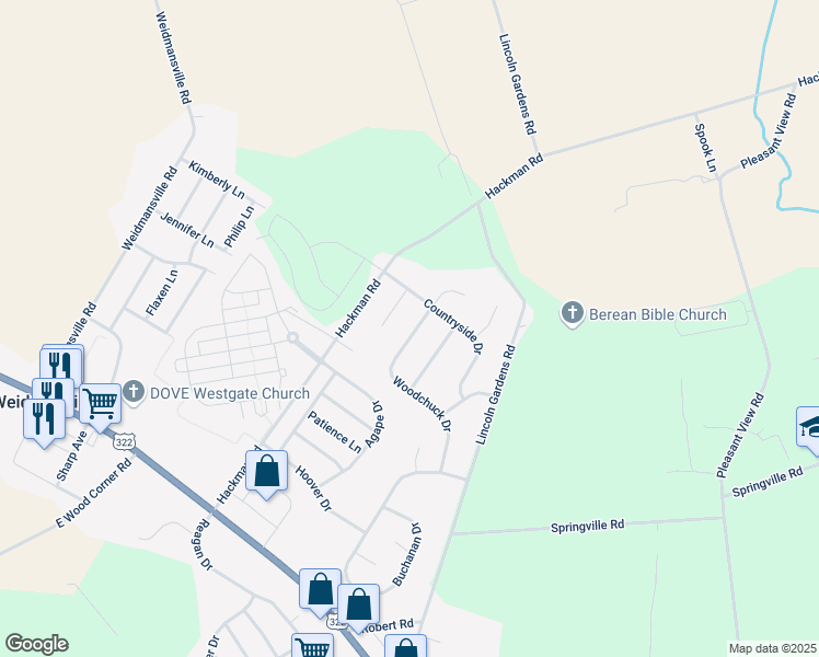 map of restaurants, bars, coffee shops, grocery stores, and more near 260 Woodchuck Drive in Ephrata