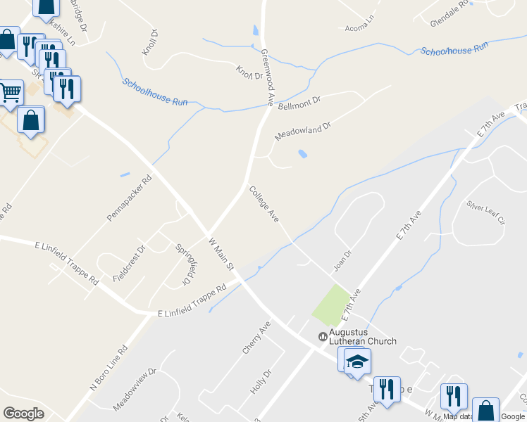 map of restaurants, bars, coffee shops, grocery stores, and more near 1520 College Avenue in Collegeville