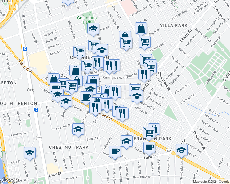 map of restaurants, bars, coffee shops, grocery stores, and more near 203 Rusling Street in Trenton