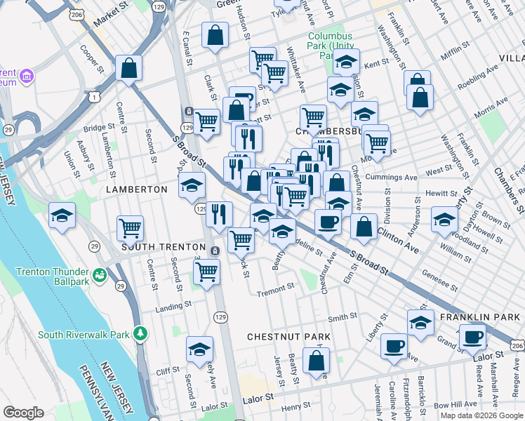 map of restaurants, bars, coffee shops, grocery stores, and more near 826 South Broad Street in Trenton