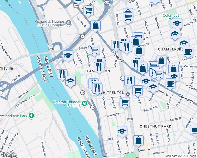 map of restaurants, bars, coffee shops, grocery stores, and more near 422 Centre Street in Trenton