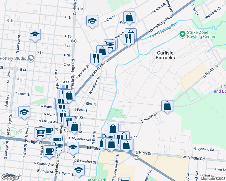 map of restaurants, bars, coffee shops, grocery stores, and more near 624 Letort Spring Road in Carlisle