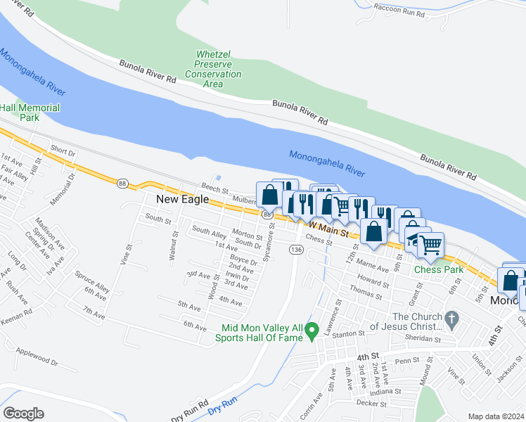 map of restaurants, bars, coffee shops, grocery stores, and more near 129 West Main Street in New Eagle