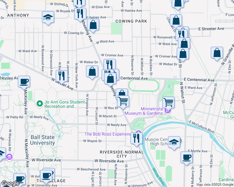 map of restaurants, bars, coffee shops, grocery stores, and more near 818 West Bethel Avenue in Muncie