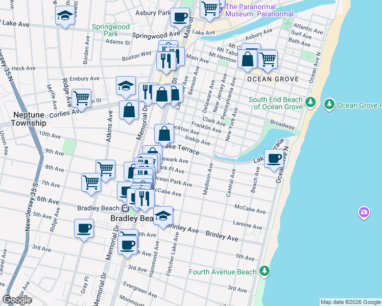 map of restaurants, bars, coffee shops, grocery stores, and more near 501 Lake Terrace in Bradley Beach