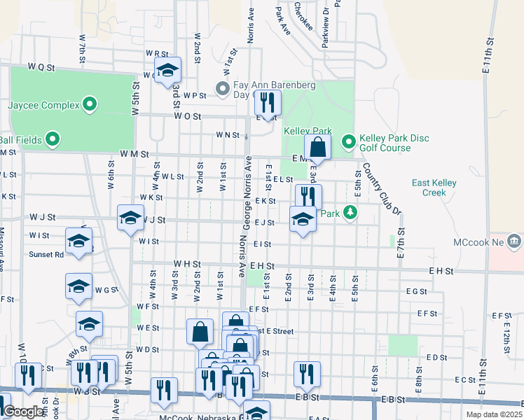map of restaurants, bars, coffee shops, grocery stores, and more near 1000-1098 East 1st Street in McCook