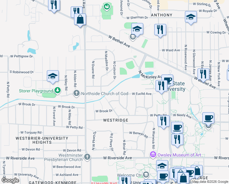 map of restaurants, bars, coffee shops, grocery stores, and more near 2504 West Euclid Avenue in Muncie