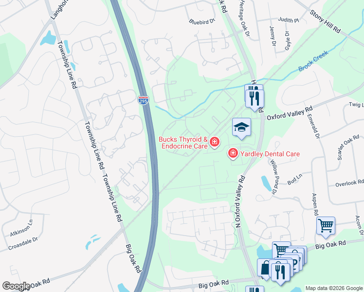 map of restaurants, bars, coffee shops, grocery stores, and more near 7906 Spruce Mill Drive in Yardley