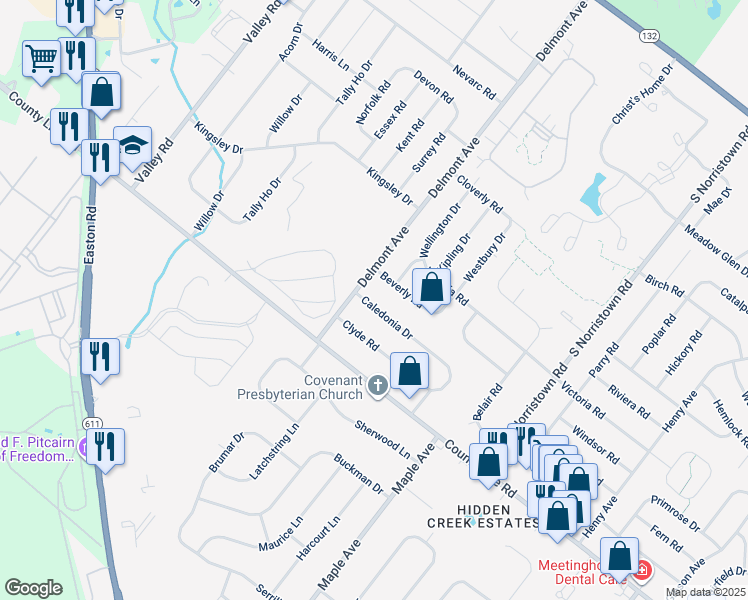 map of restaurants, bars, coffee shops, grocery stores, and more near 1219 Caledonia Drive in Warminster