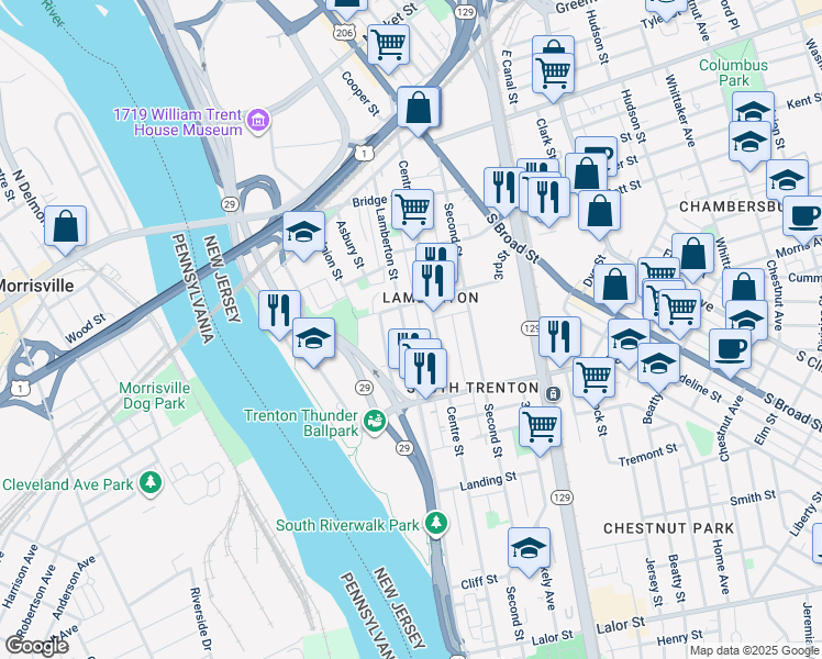 map of restaurants, bars, coffee shops, grocery stores, and more near 624 Lamberton St in Trenton