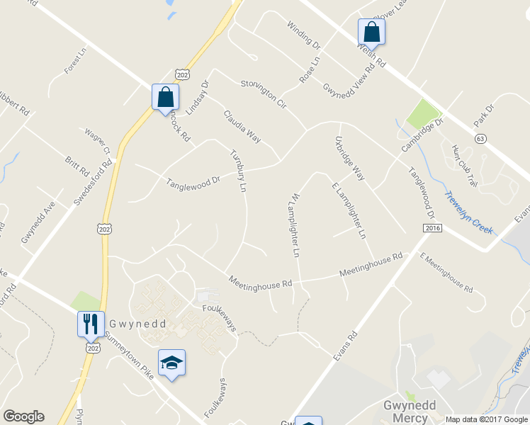 map of restaurants, bars, coffee shops, grocery stores, and more near 1224 Turnbury Lane in North Wales