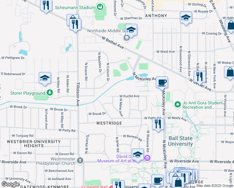 map of restaurants, bars, coffee shops, grocery stores, and more near 2408 West Euclid Avenue in Muncie