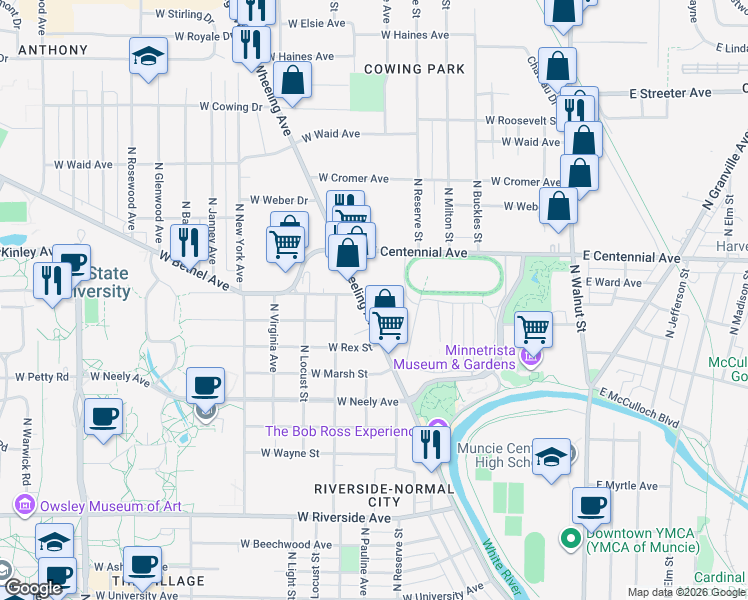 map of restaurants, bars, coffee shops, grocery stores, and more near 818 West Bethel Avenue in Muncie