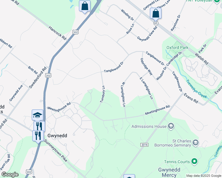 map of restaurants, bars, coffee shops, grocery stores, and more near 1224 Turnbury Lane in North Wales