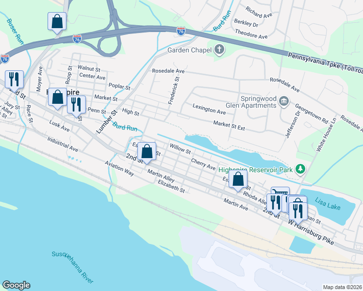 map of restaurants, bars, coffee shops, grocery stores, and more near 470 Willow Street in Highspire