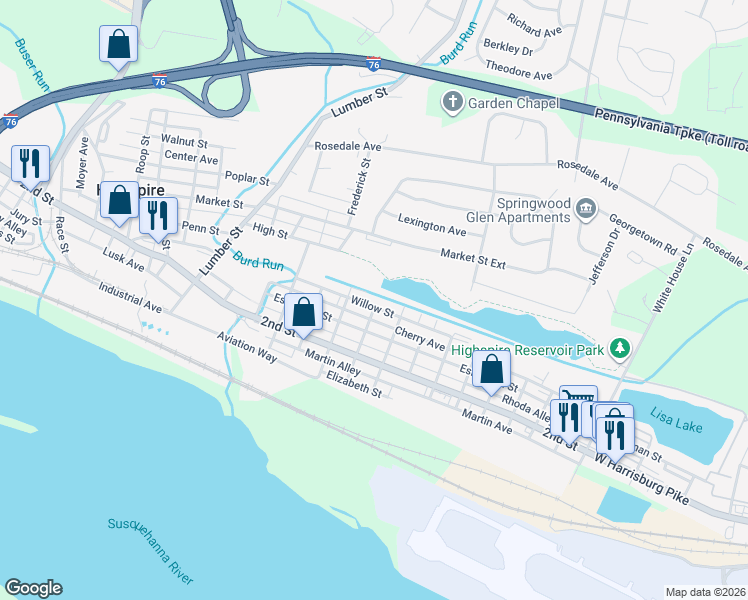 map of restaurants, bars, coffee shops, grocery stores, and more near 470 Willow St in Highspire