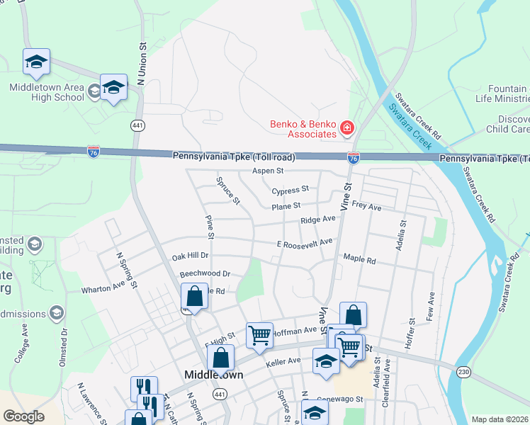 map of restaurants, bars, coffee shops, grocery stores, and more near 1023 Plane Street in Middletown