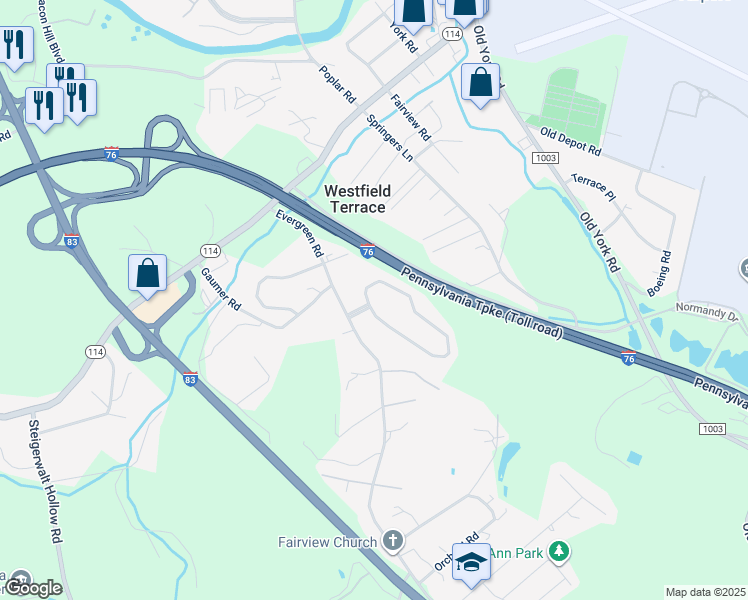 map of restaurants, bars, coffee shops, grocery stores, and more near 100 Pleasant View Terrace in New Cumberland