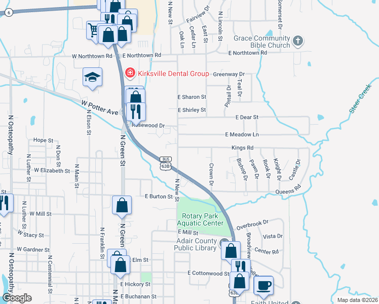 map of restaurants, bars, coffee shops, grocery stores, and more near 792 Kings Road in Kirksville