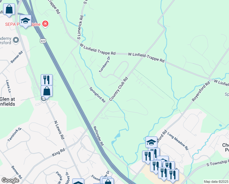 map of restaurants, bars, coffee shops, grocery stores, and more near 95 Country Club Road in Limerick