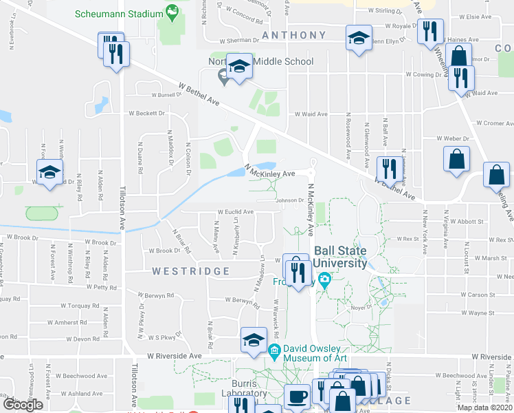 map of restaurants, bars, coffee shops, grocery stores, and more near 2116 West Euclid Avenue in Muncie