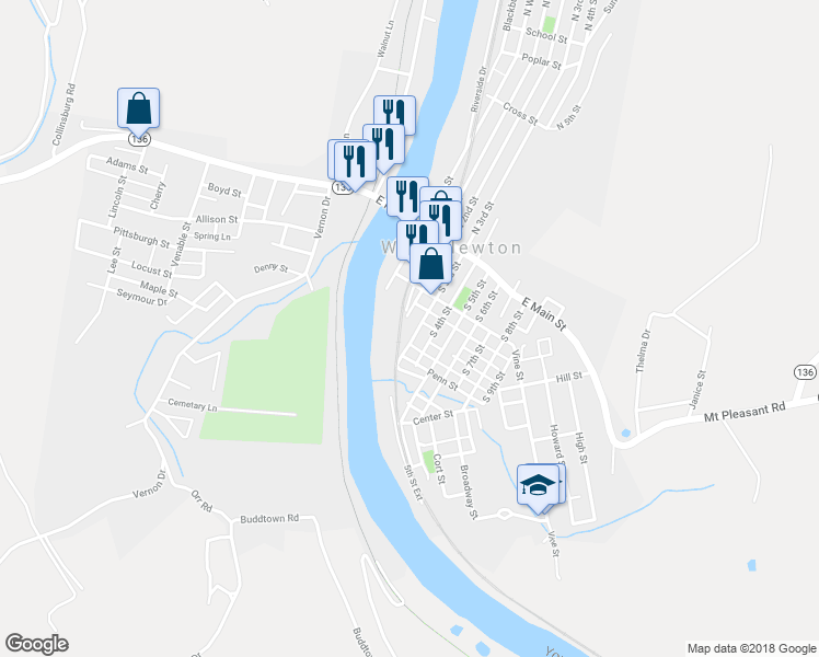 map of restaurants, bars, coffee shops, grocery stores, and more near 212 South 3rd Street in West Newton