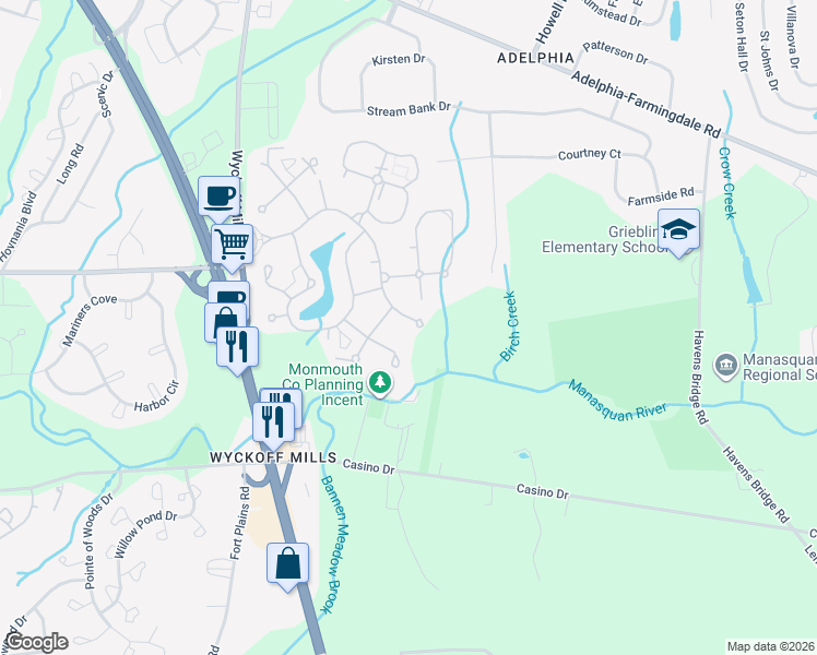 map of restaurants, bars, coffee shops, grocery stores, and more near Dag Hammarskjold Boulevard in Freehold