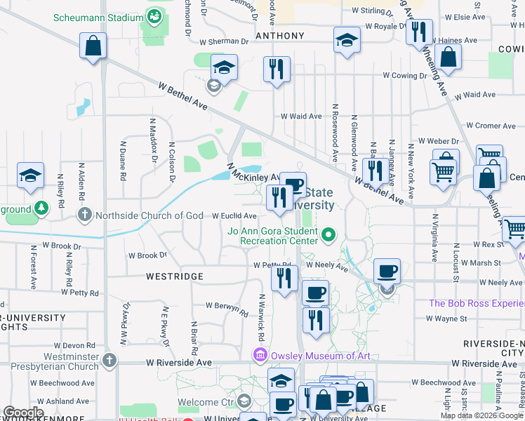 map of restaurants, bars, coffee shops, grocery stores, and more near 2004 West Euclid Avenue in Muncie