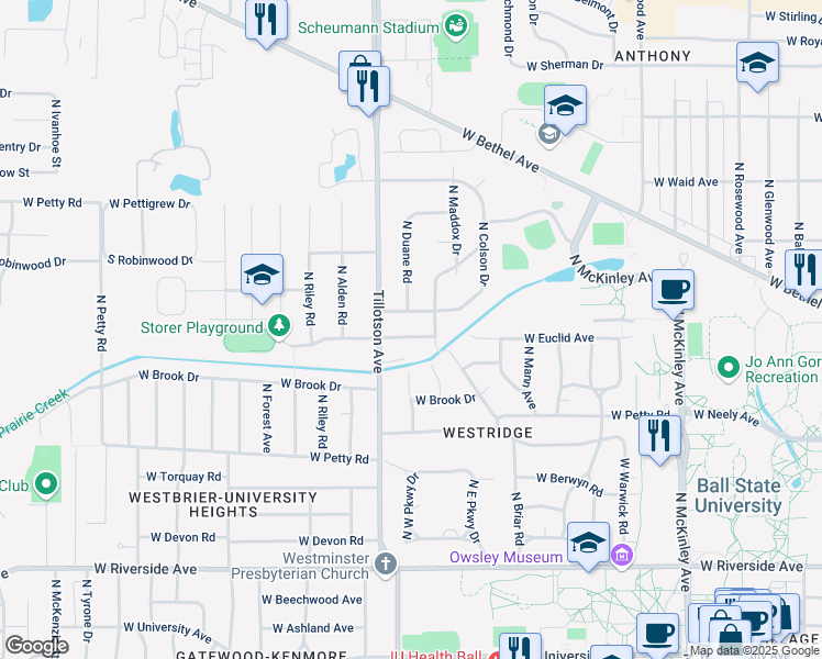 map of restaurants, bars, coffee shops, grocery stores, and more near 2706 West Euclid Avenue in Muncie