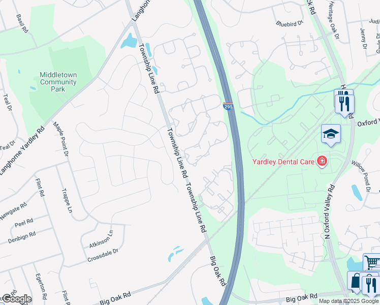 map of restaurants, bars, coffee shops, grocery stores, and more near 1901 Sterling Road in Yardley