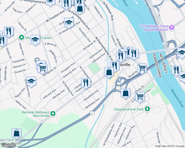 map of restaurants, bars, coffee shops, grocery stores, and more near 224 Clymer Avenue in Morrisville